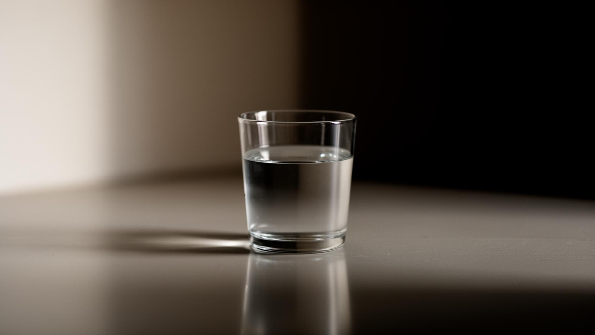 A single glass of water on a polished surface in low light.