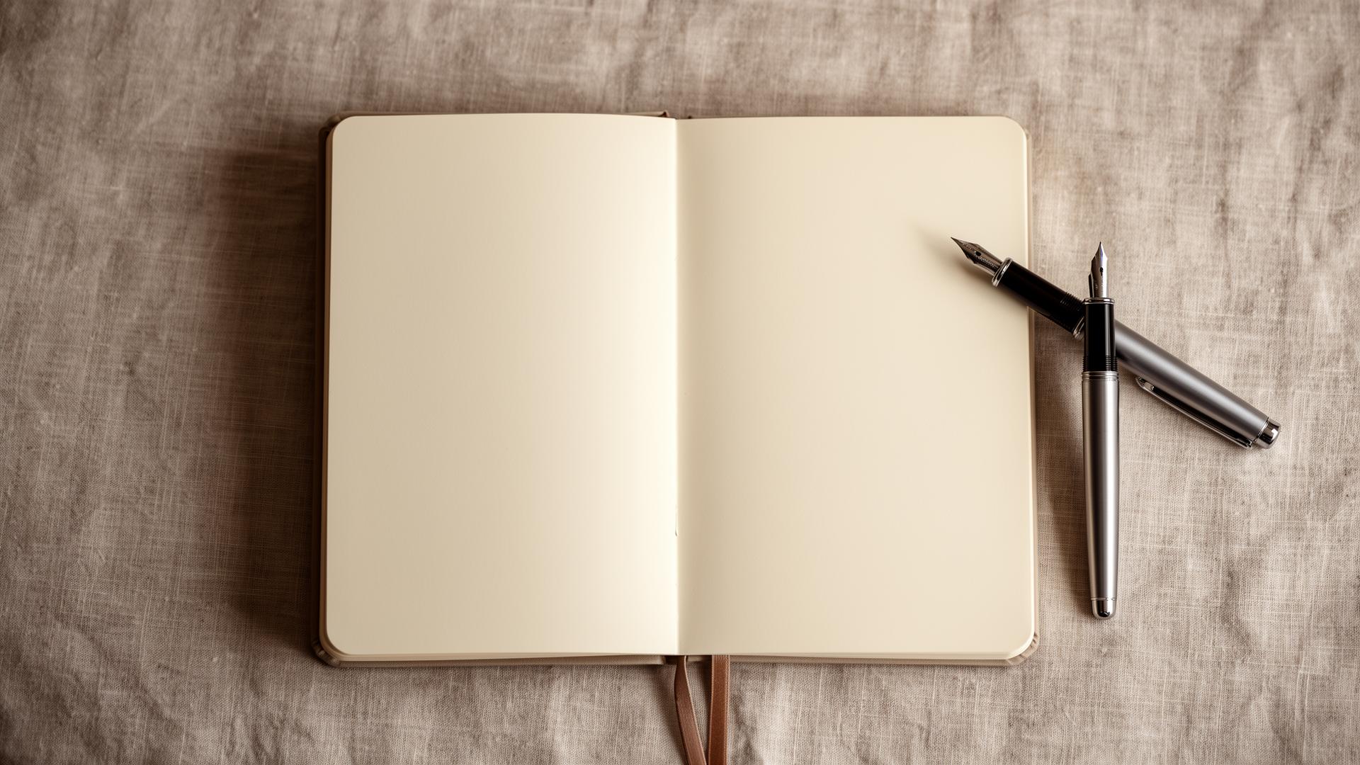 An open notebook on linen beside a fountain pen, in soft window light.