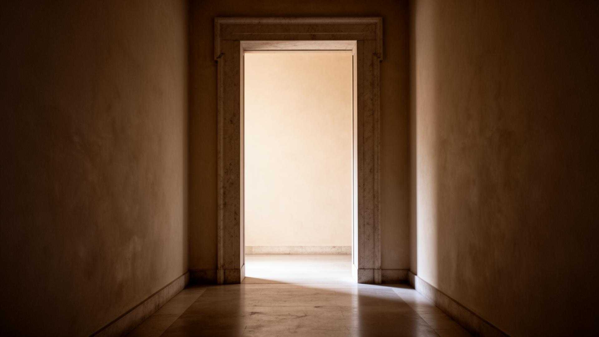 An architectural threshold opening into soft light.