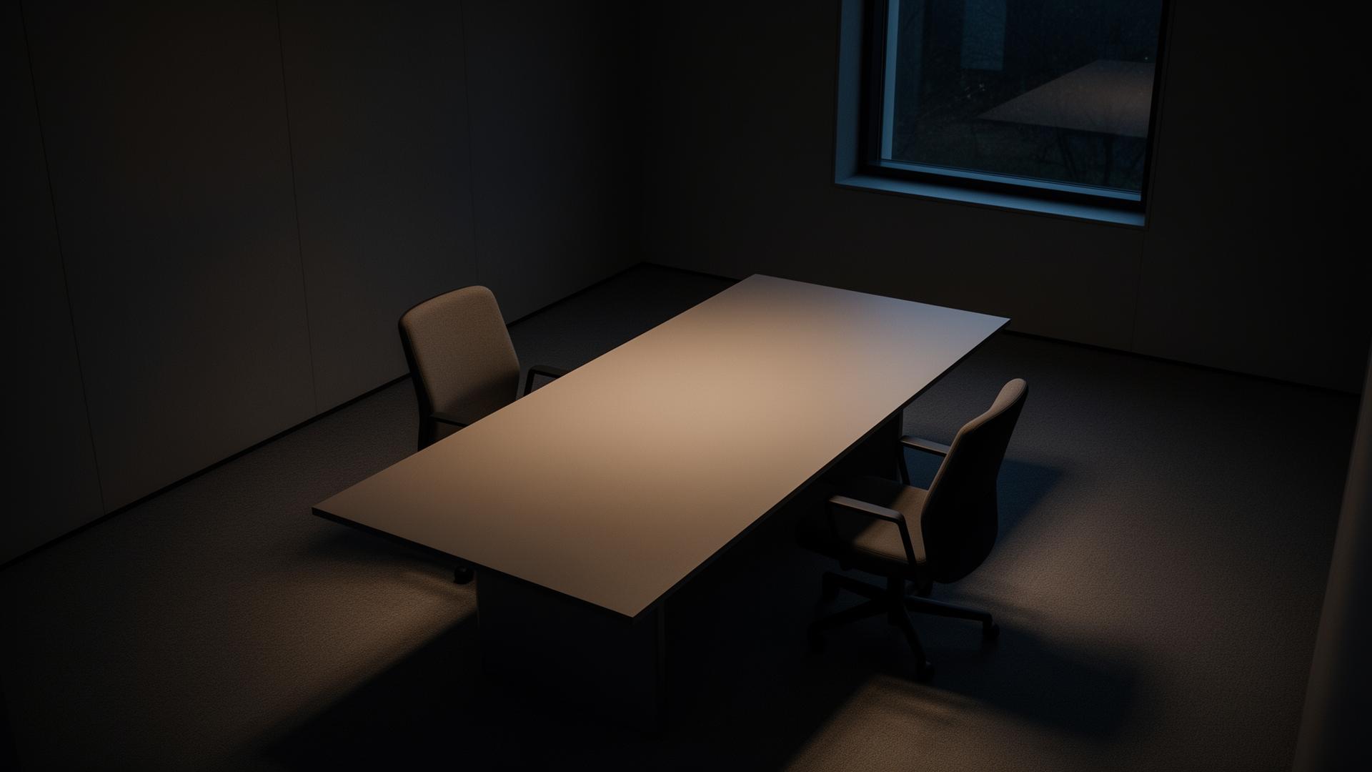 An empty conference table at dusk, two chairs facing each other.