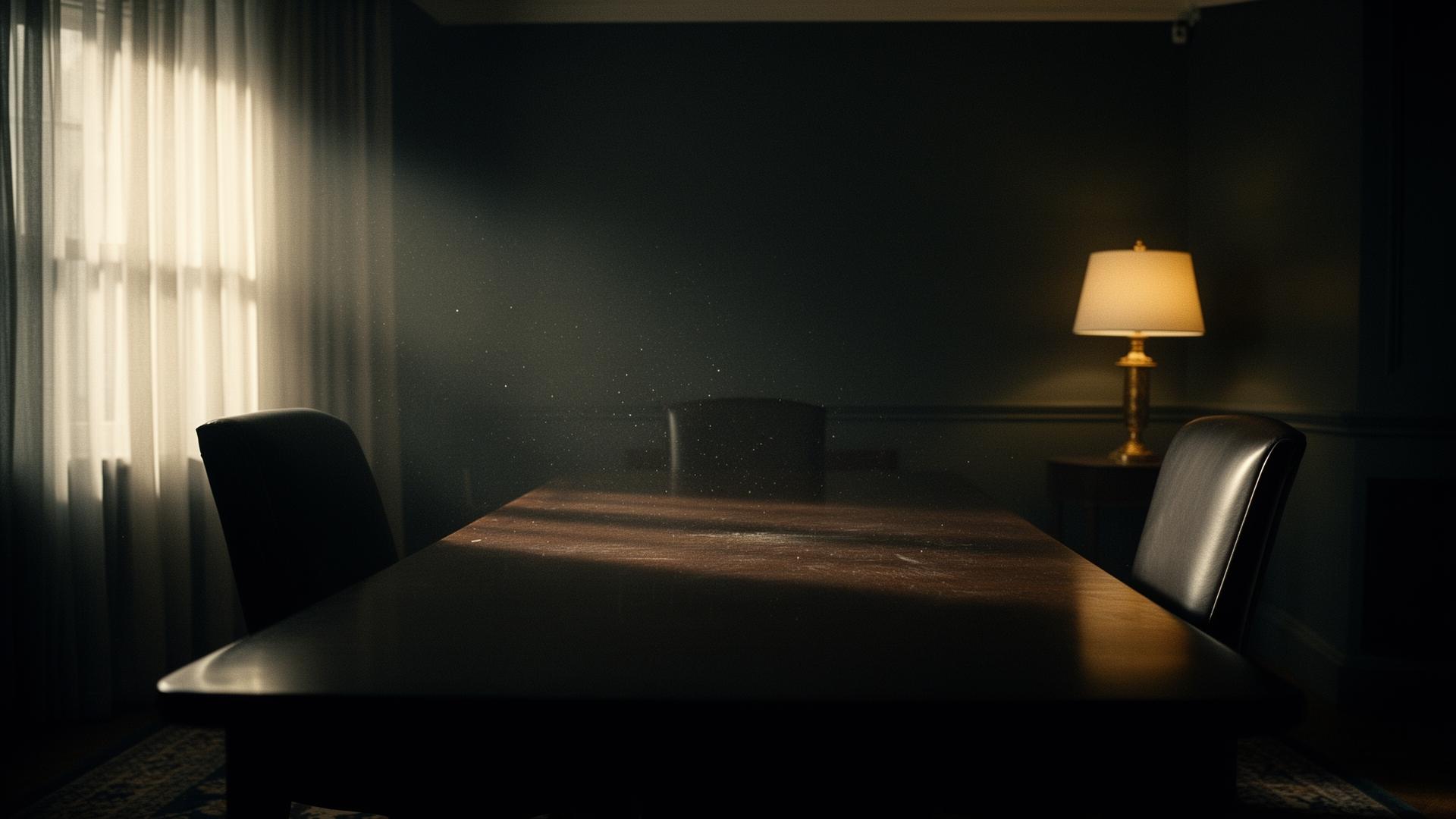 An empty meeting room in soft natural light — stillness before a conversation begins.
