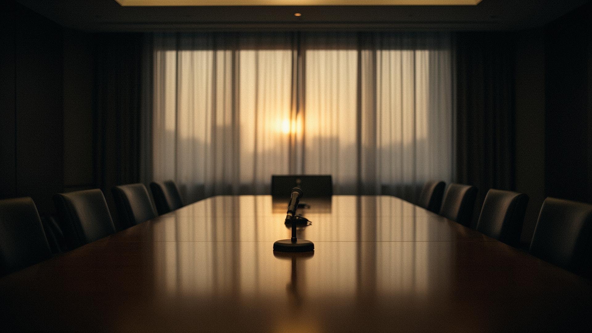 An empty boardroom at dusk with a single microphone on a long polished table — stillness before a high-stakes conversation.
